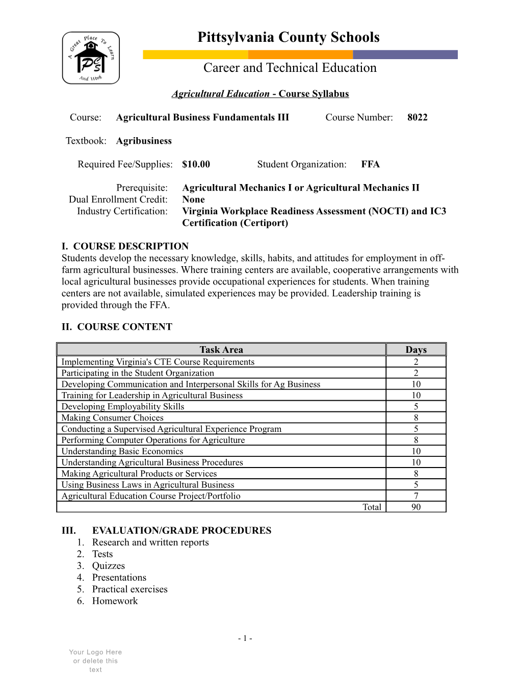 Agricultural Education Course Syllabus