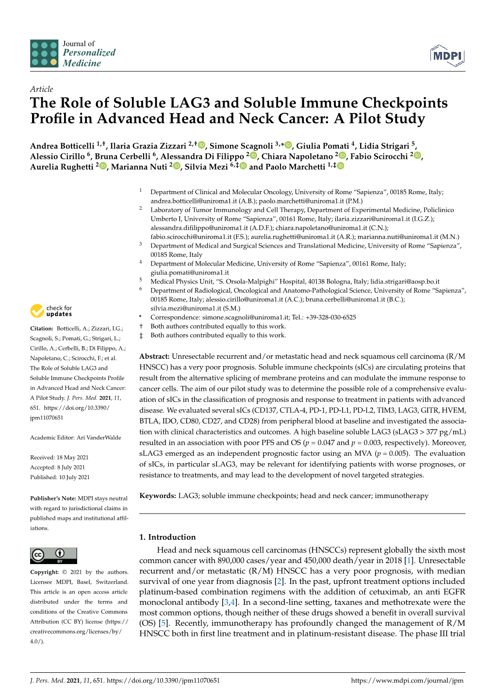 The Role of Soluble LAG3 and Soluble Immune Checkpoints Profile in Advanced Head and Neck Cancer