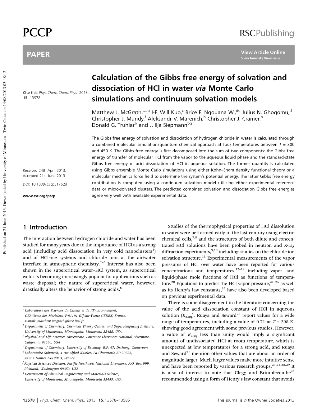 Calculation of the Gibbs Free Energy of Solvation and Dissociation of Hcl in Water Via Monte Carlo Simulations and Continuum