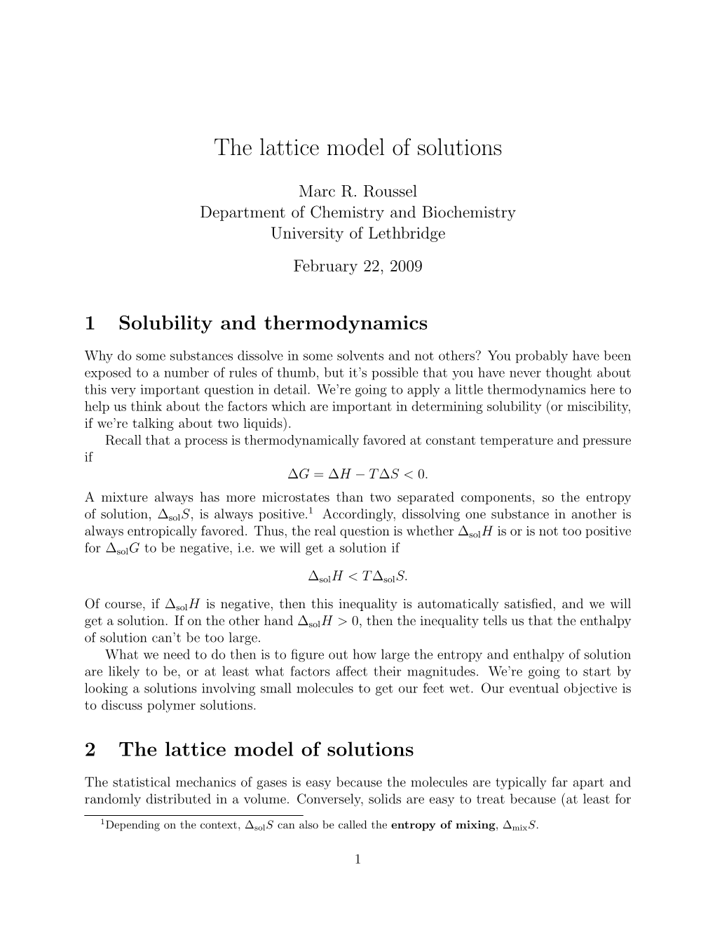 The Lattice Model of Solutions