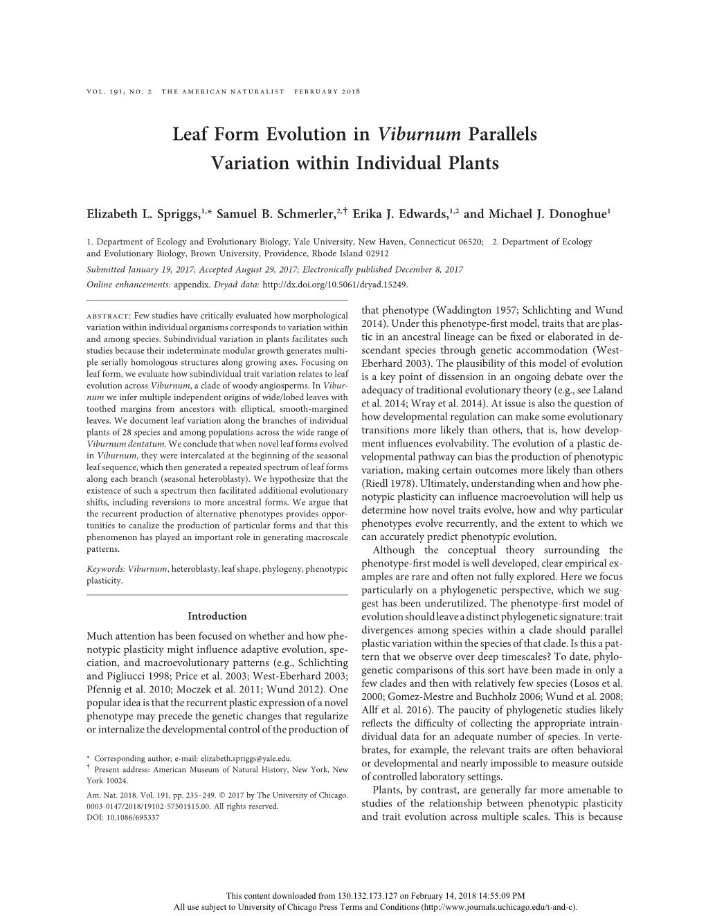 Leaf Form Evolution in Viburnum Parallels Variation Within Individual Plants