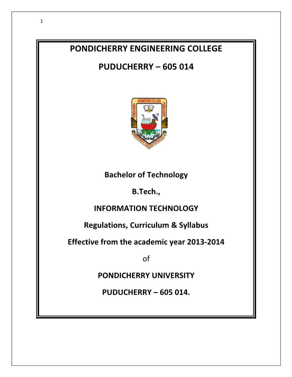 Pondicherry Engineering College Puducherry – 605 014