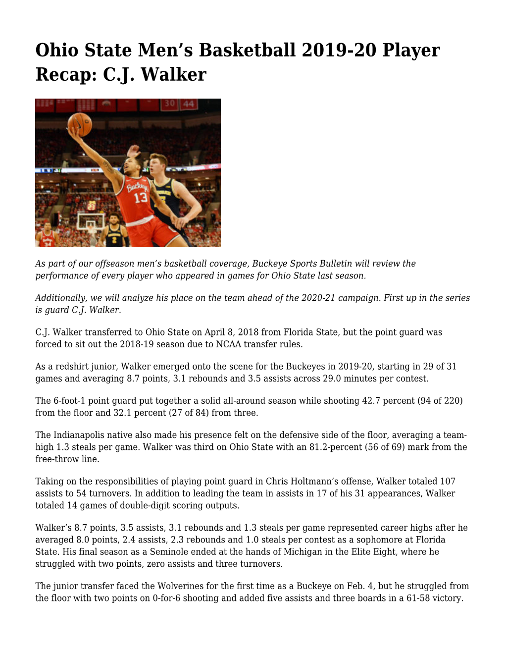 Ohio State Men's Basketball 2019-20 Player Recap: C.J. Walker