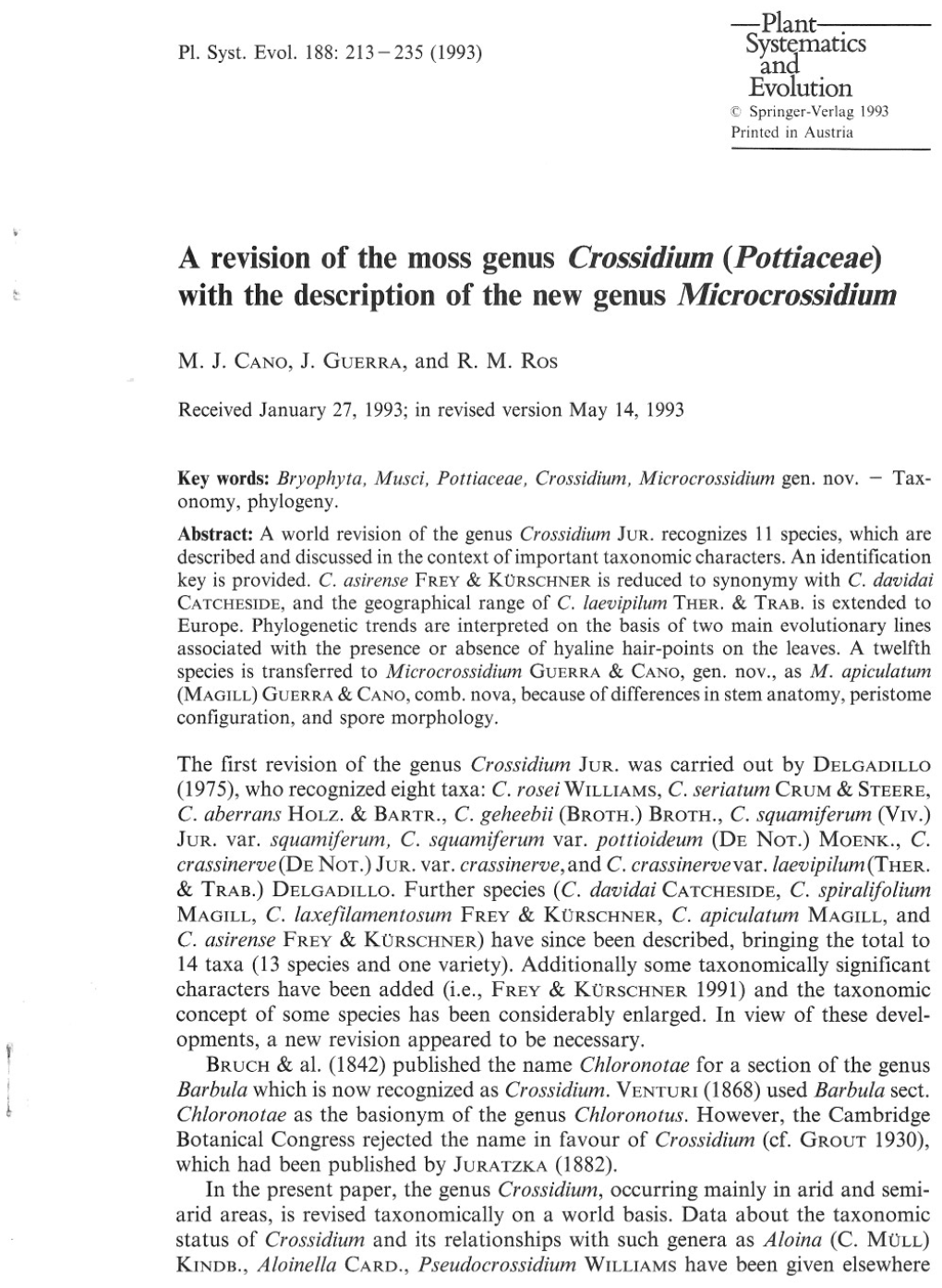 Systematlcs Evolution a Revision of the Moss Genus Crossidium