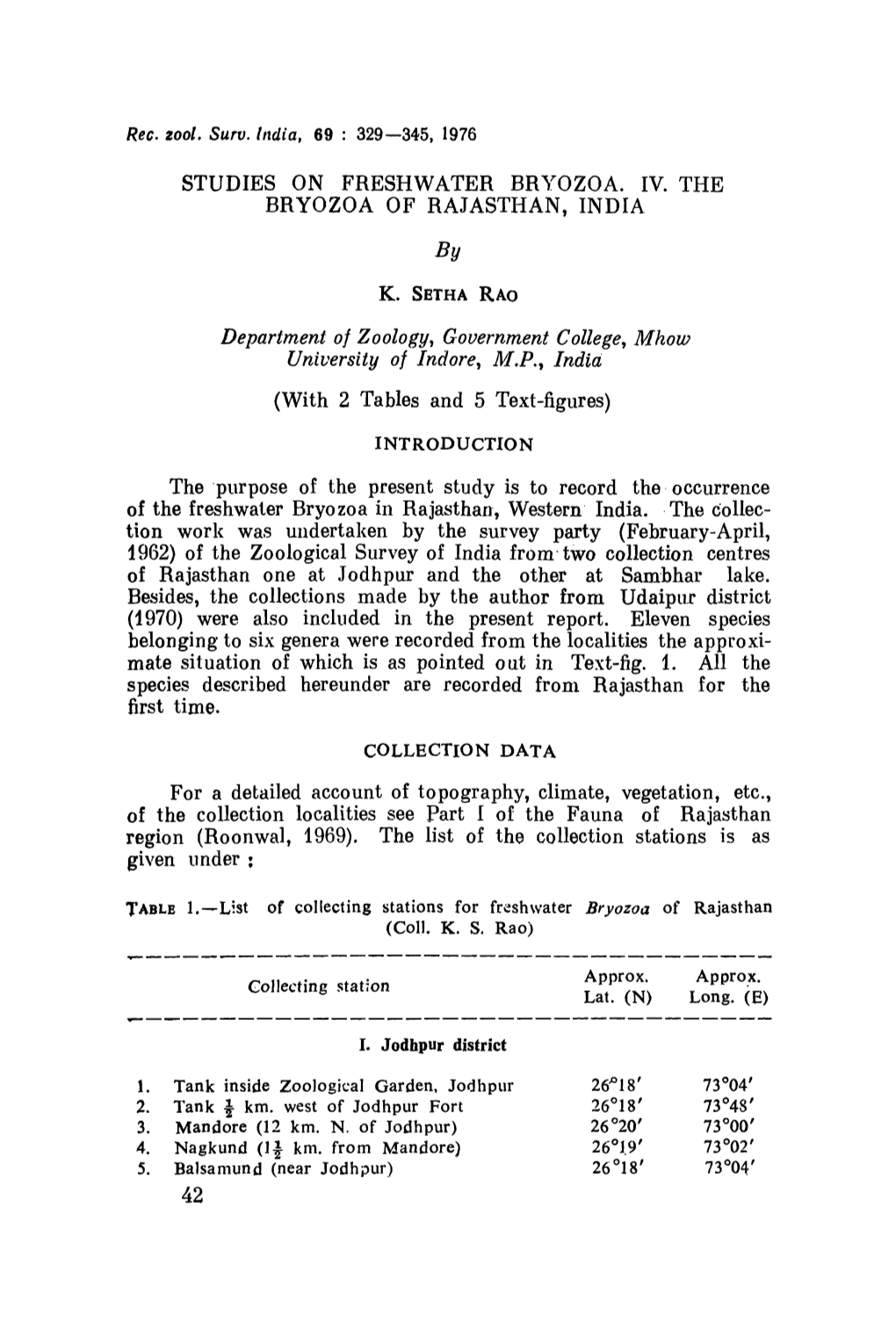 Studies on Freshwater Br",:Ozoa. Iv. the Bryozoa of Rajasthan, India