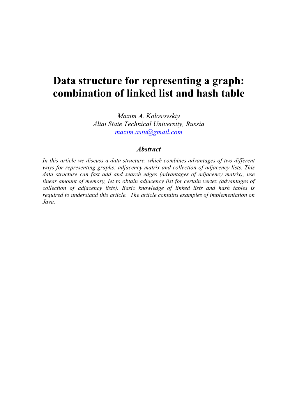 Data Structure for Representing a Graph: Combination of Linked List and Hash Table