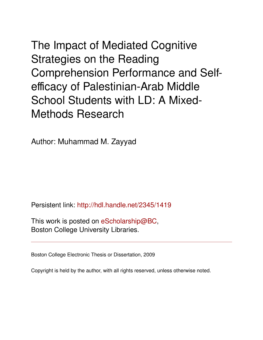 The Impact of Mediated Cognitive Strategies on the Reading Comprehension Performance and Self- Efficacy of Palestinian-Arab Midd