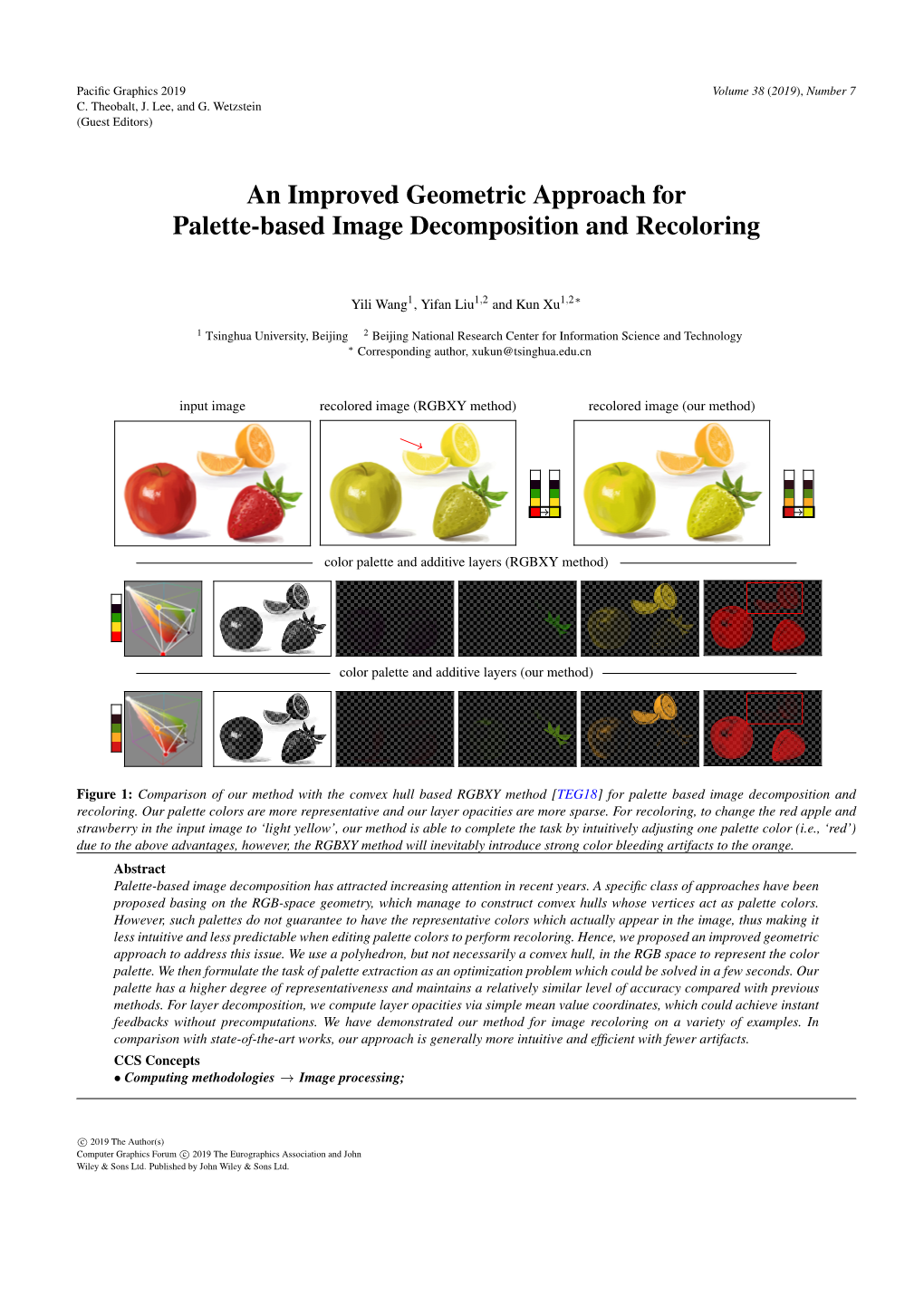 An Improved Geometric Approach for Palette-Based Image Decomposition and Recoloring