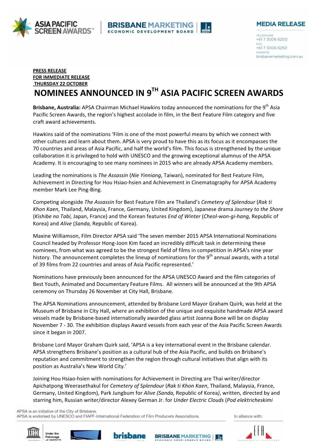 APSA Announces 2015 NOMINEES