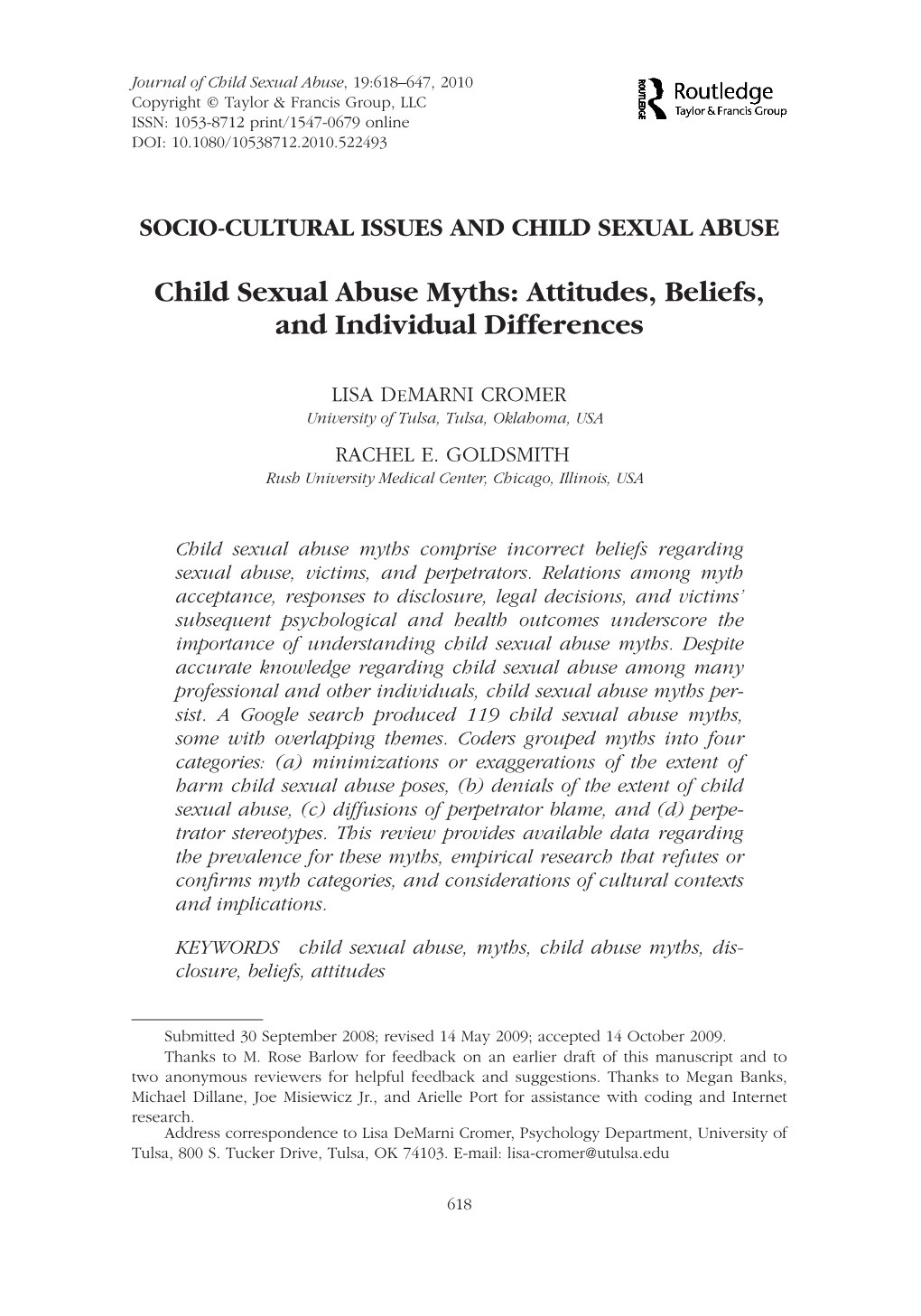 Child Sexual Abuse Myths: Attitudes, Beliefs, and Individual Differences