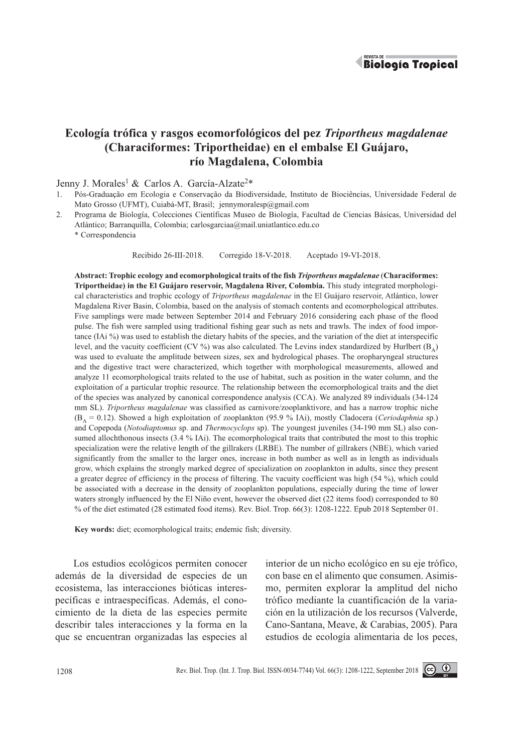 Ecología Trófica Y Rasgos Ecomorfológicos Del Pez Triportheus Magdalenae (Characiformes: Triportheidae) En El Embalse El Guájaro, Río Magdalena, Colombia