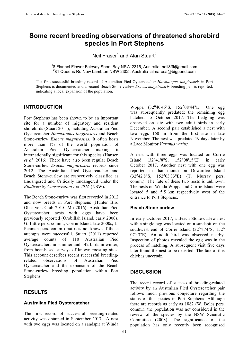 Some Recent Breeding Observations of Threatened Shorebird Species in Port Stephens
