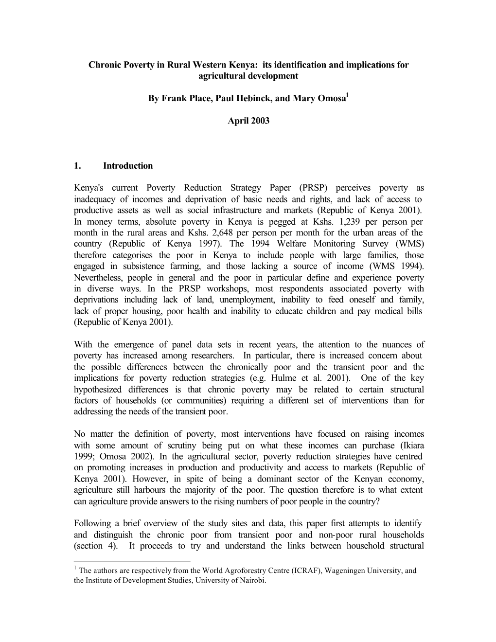 Chronic Poverty in Rural Western Kenya: Its Identification and Implications for Agricultural Development