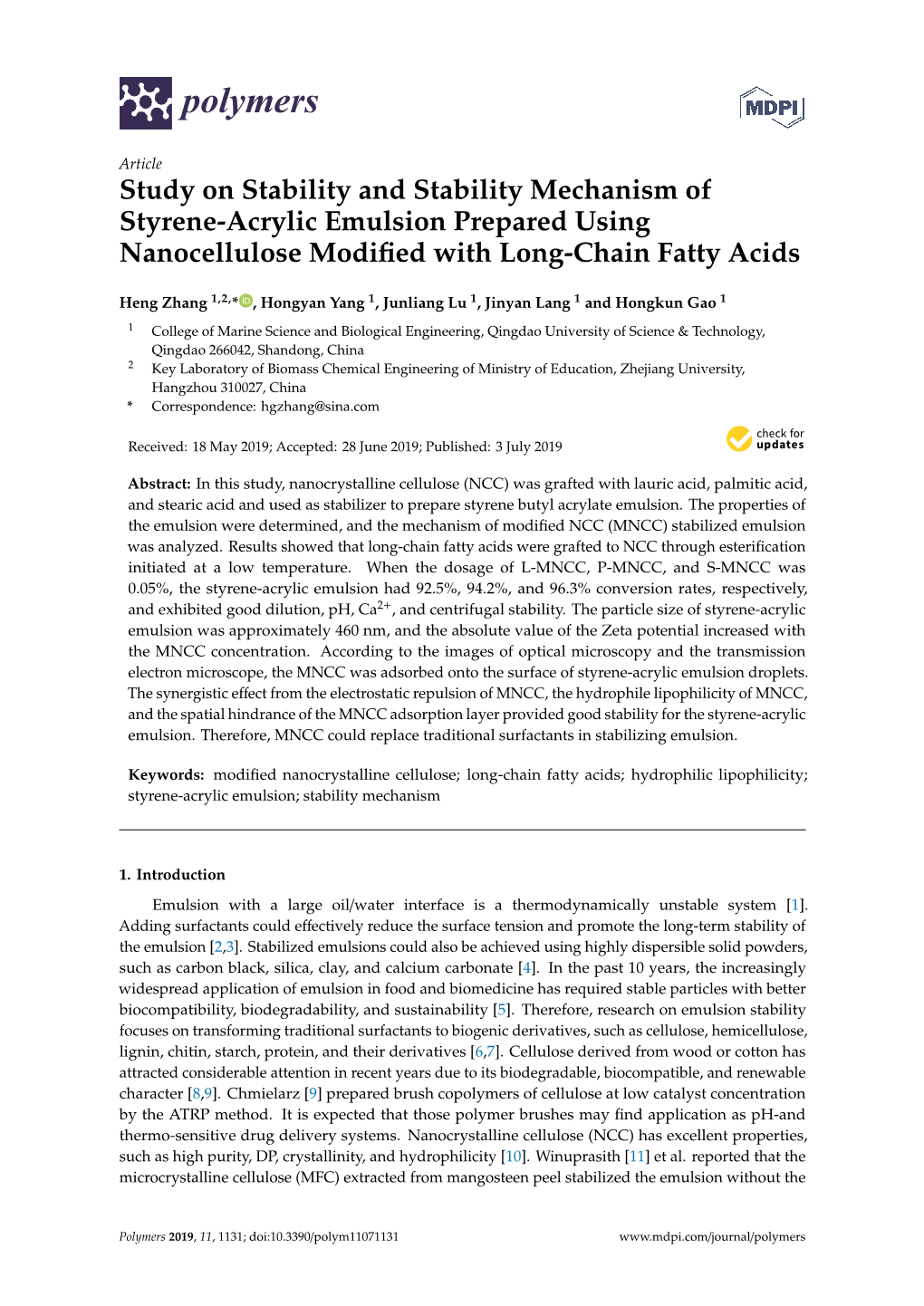 Study on Stability and Stability Mechanism of Styrene-Acrylic Emulsion Prepared Using Nanocellulose Modiﬁed with Long-Chain Fatty Acids