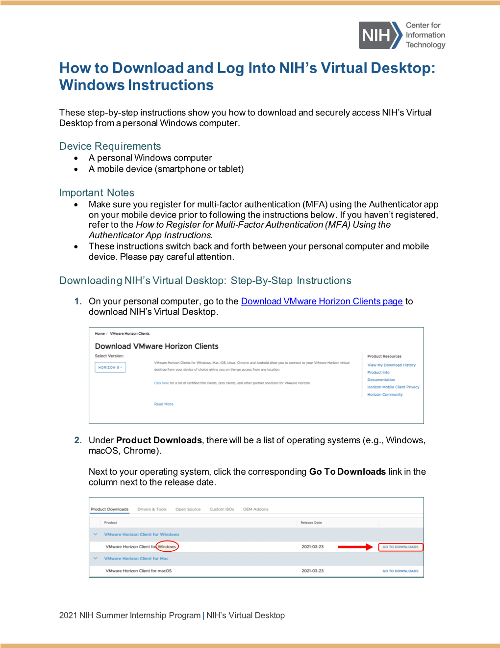 How to Download and Login to NIH's Virtual Desktop: WINDOWS Instructions