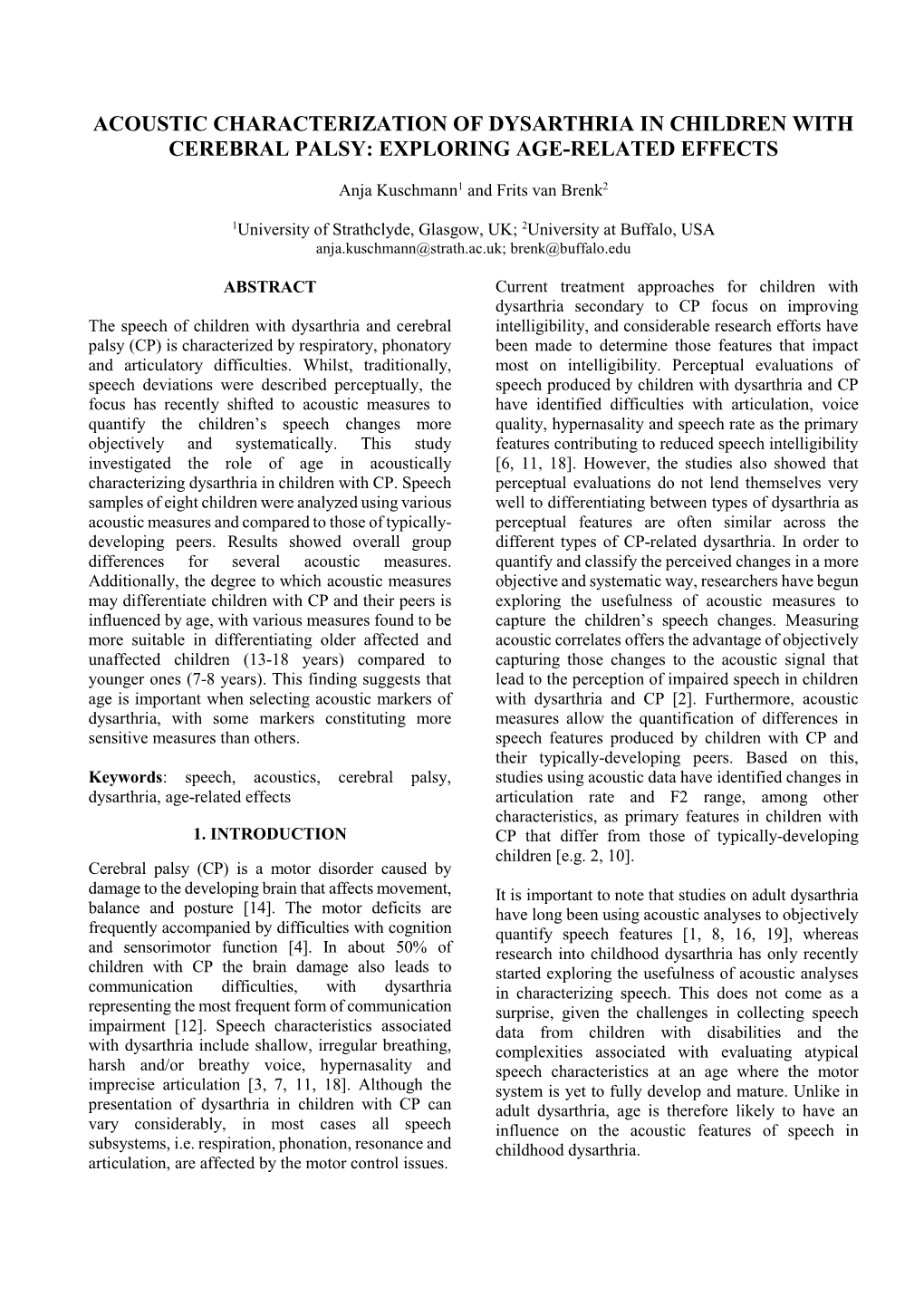 Acoustic Characterization of Dysarthria in Children with Cerebral Palsy: Exploring Age-Related Effects