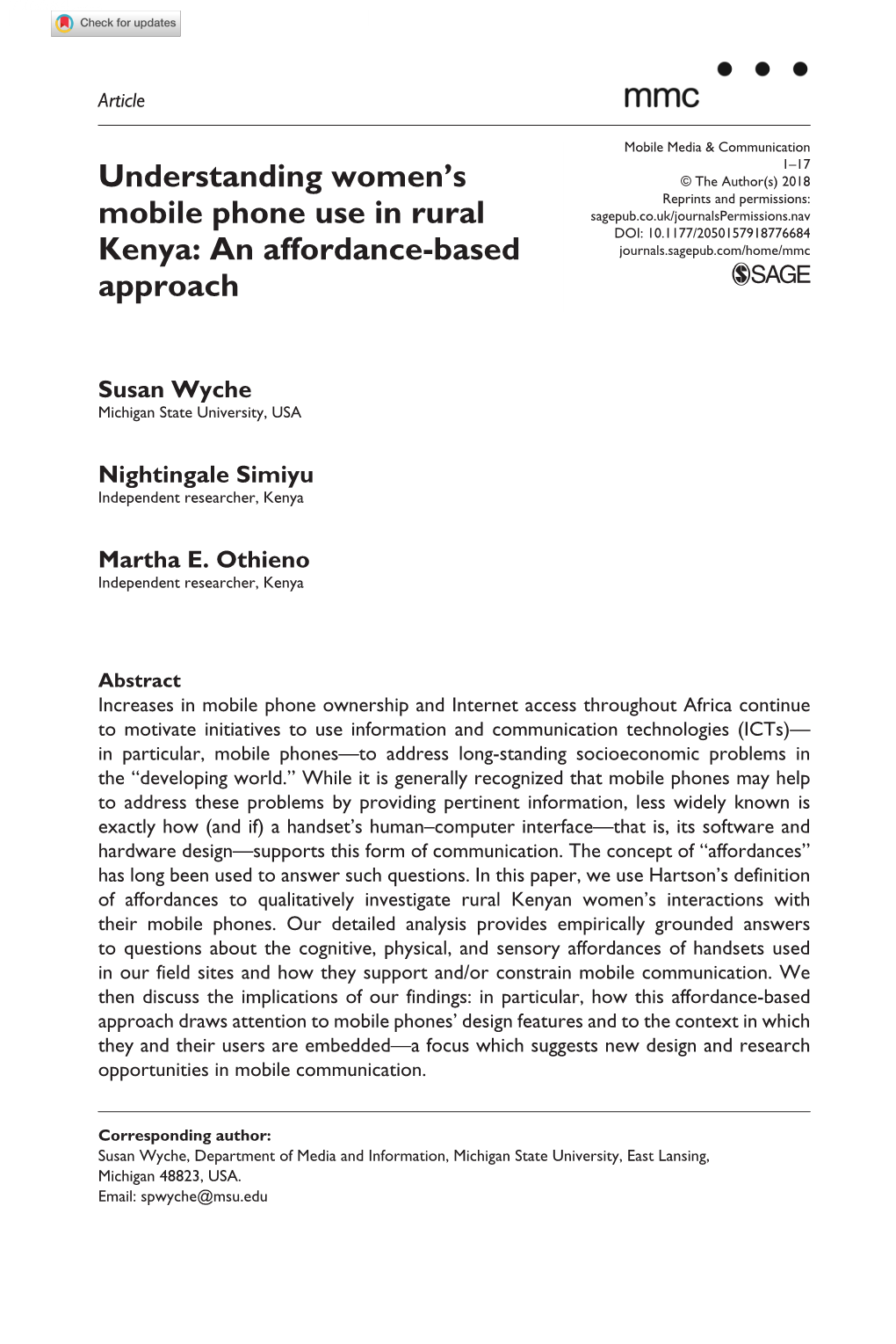 Understanding Women's Mobile Phone Use in Rural Kenya