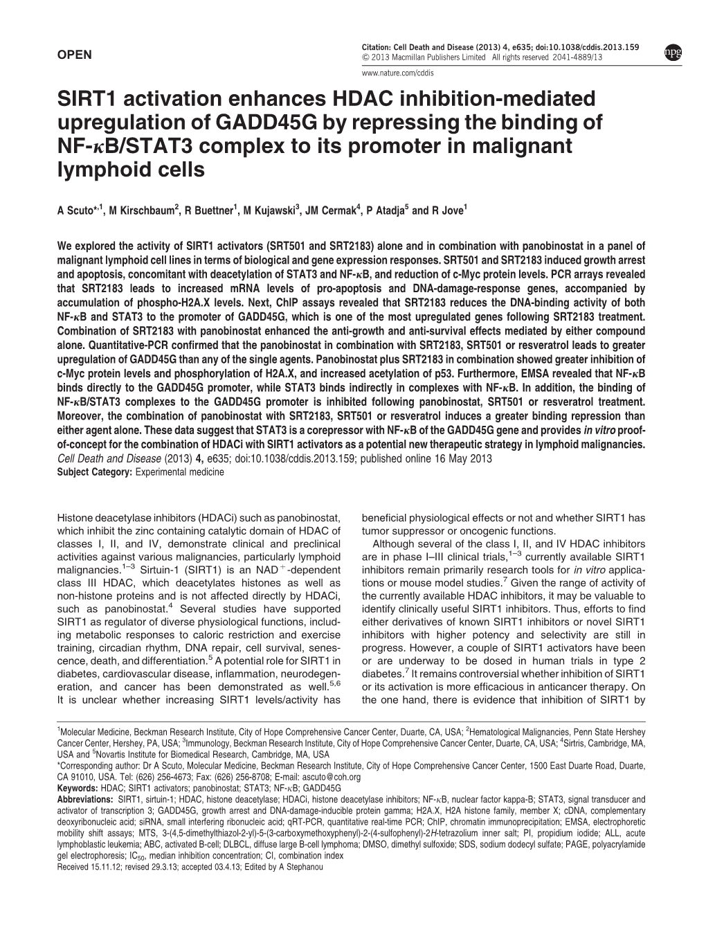 SIRT1 Activation Enhances HDAC Inhibition-Mediated