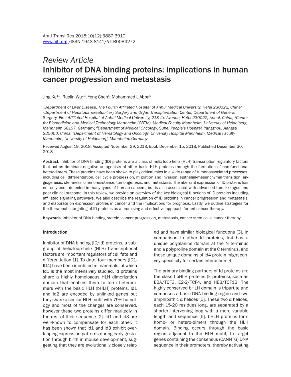 Review Article Inhibitor of DNA Binding Proteins: Implications in Human Cancer Progression and Metastasis