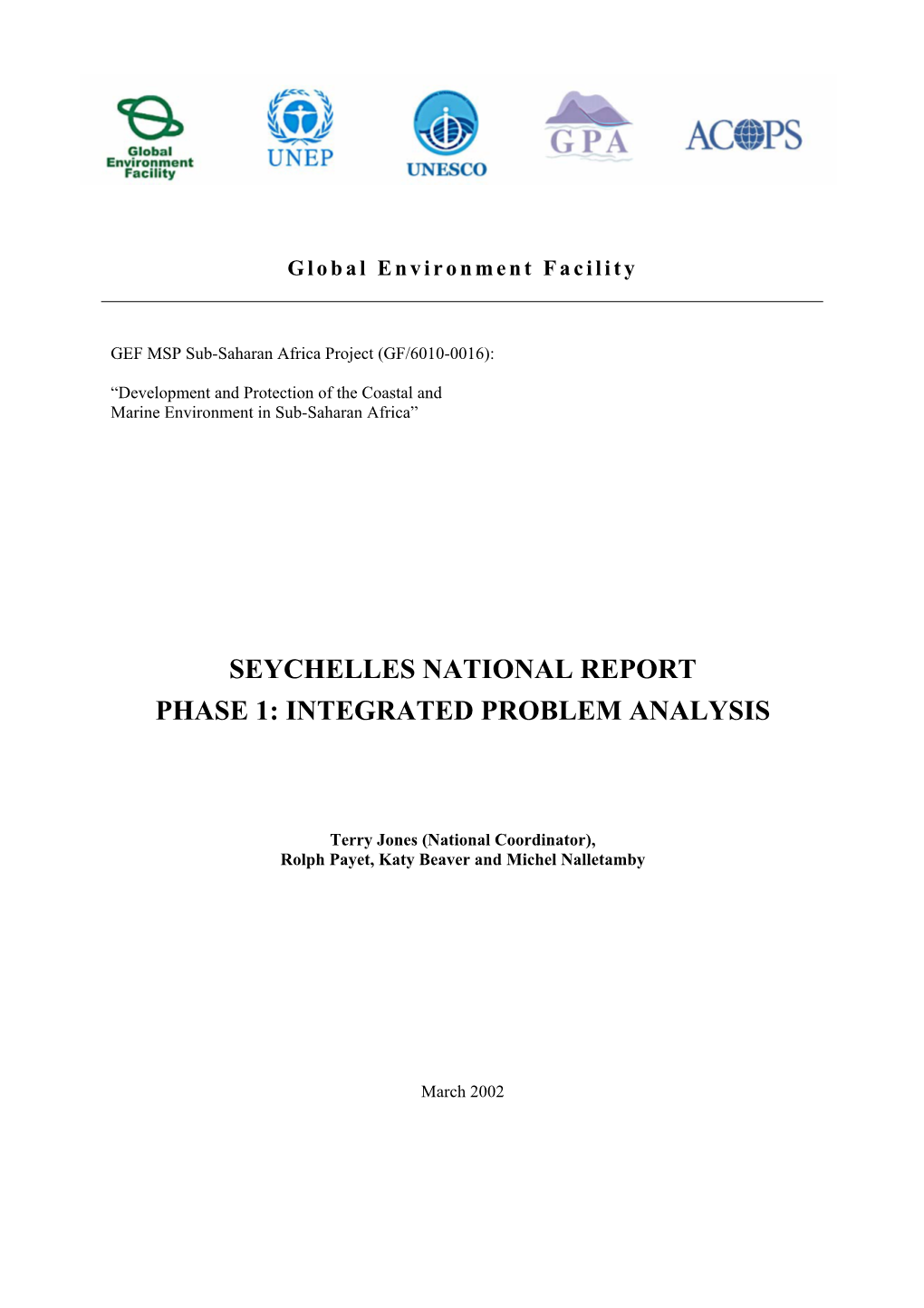 Seychelles National Report Phase 1: Integrated Problem Analysis
