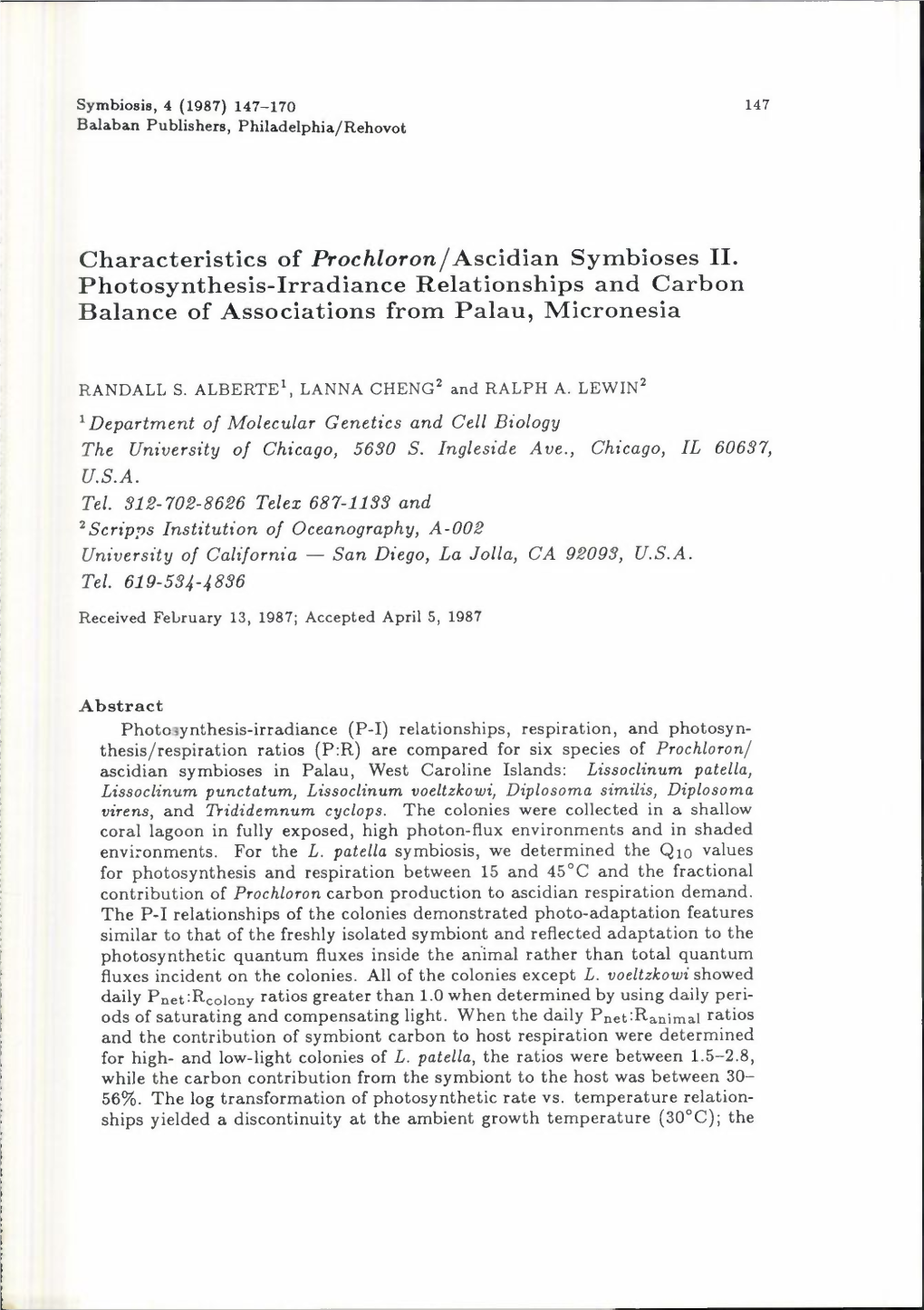 Characteristics of Prochloron / Ascidian Symbioses II