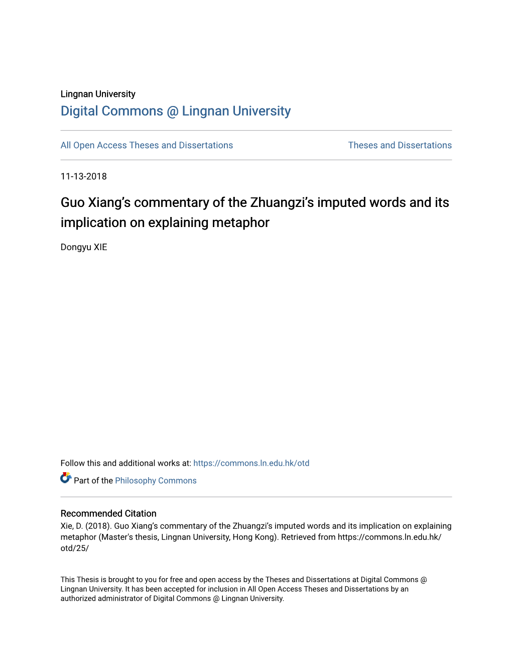 Guo Xiang's Commentary of the Zhuangzi's Imputed Words and Its Implication on Explaining Metaphor