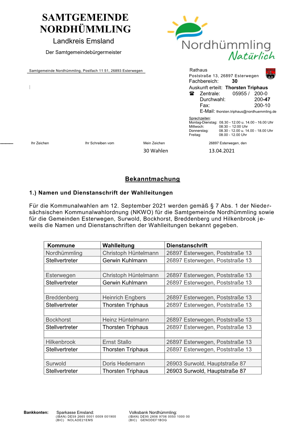 SAMTGEMEINDE NORDHÜMMLING Landkreis Emsland Der Samtgemeindebürgermeister