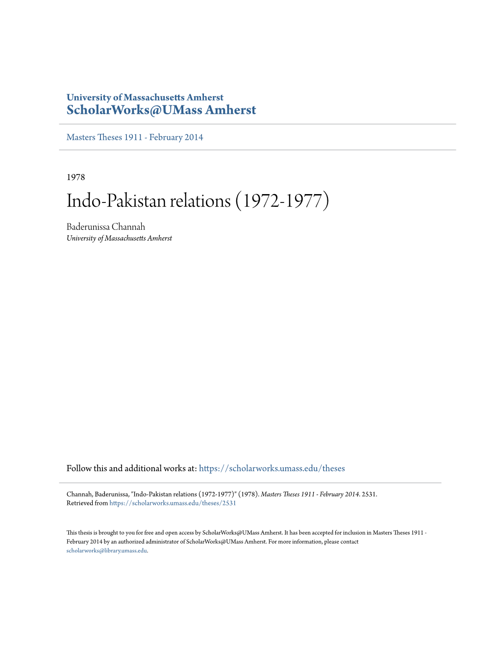 Indo-Pakistan Relations (1972-1977) Baderunissa Channah University of Massachusetts Amherst