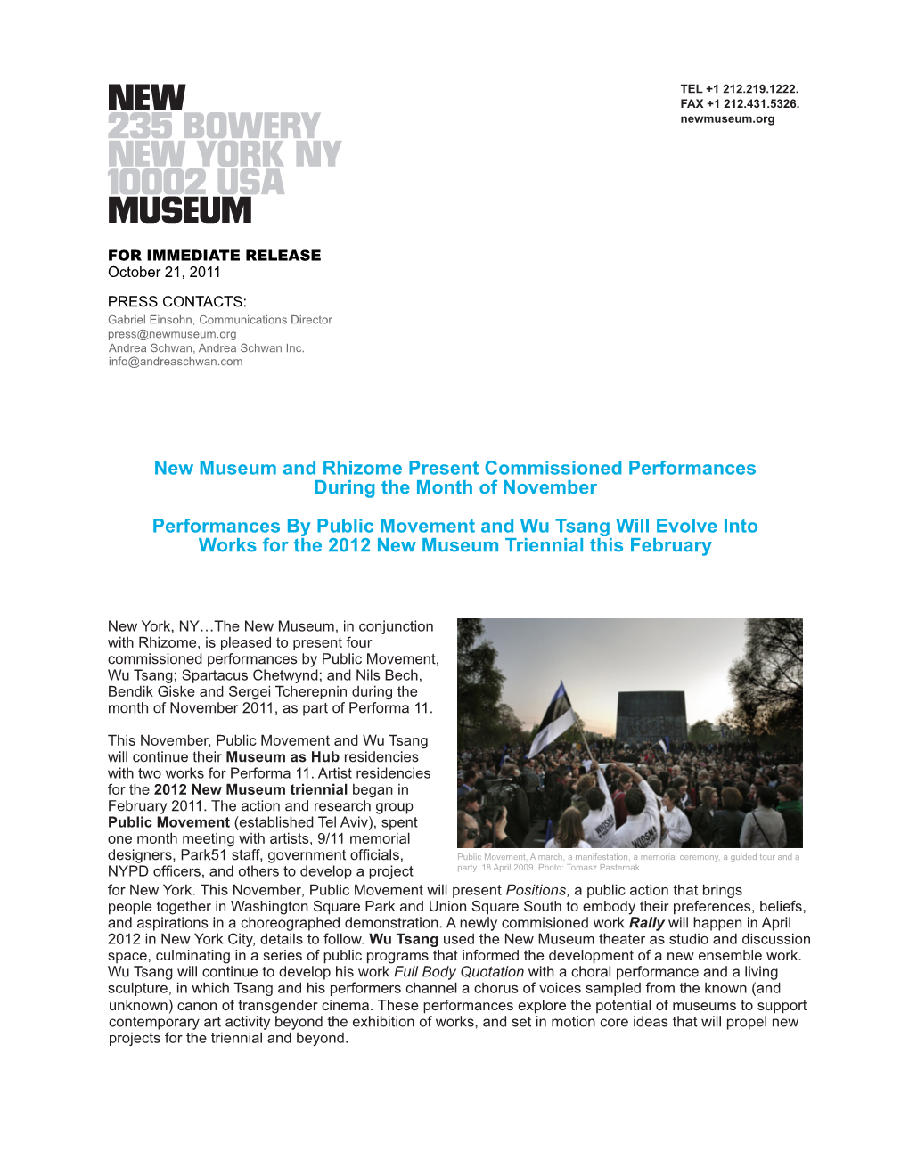 New Museum and Rhizome Present Commissioned Performances During the Month of November Performances by Public Movement and Wu