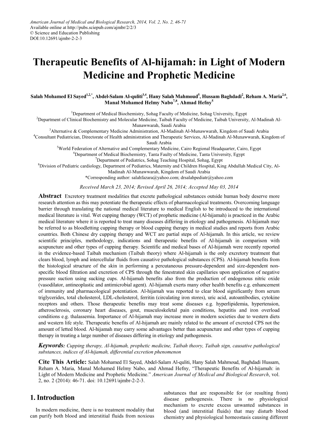 Therapeutic Benefits of Al-Hijamah: in Light of Modern Medicine and Prophetic Medicine
