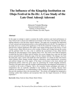The Influence of the Kingship Institution on Olojo Festival in Ile-Ife: a Case Study of the Late Ooni Adesoji Aderemi