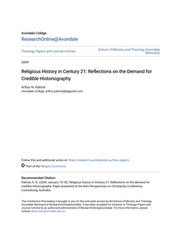 Religious History in Century 21: Reflections on the Demand for Credible Historiography
