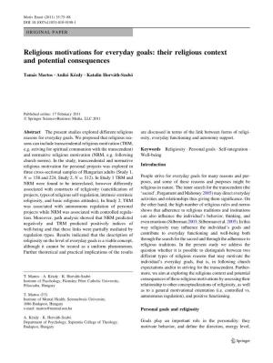 Religious Motivations for Everyday Goals: Their Religious Context and Potential Consequences