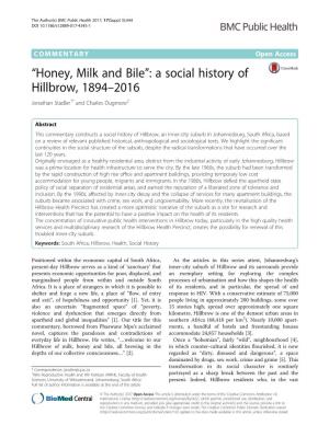 “Honey, Milk and Bile”: a Social History of Hillbrow, 1894–2016 Jonathan Stadler1* and Charles Dugmore2