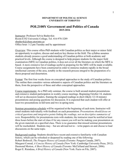 POL2100Y Government and Politics of Canada 2015-2016