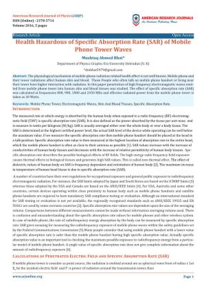 Health Hazardous of Specific Absorption Rate (SAR) of Mobile Phone Tower Waves Mushtaq Ahmed Bhat*