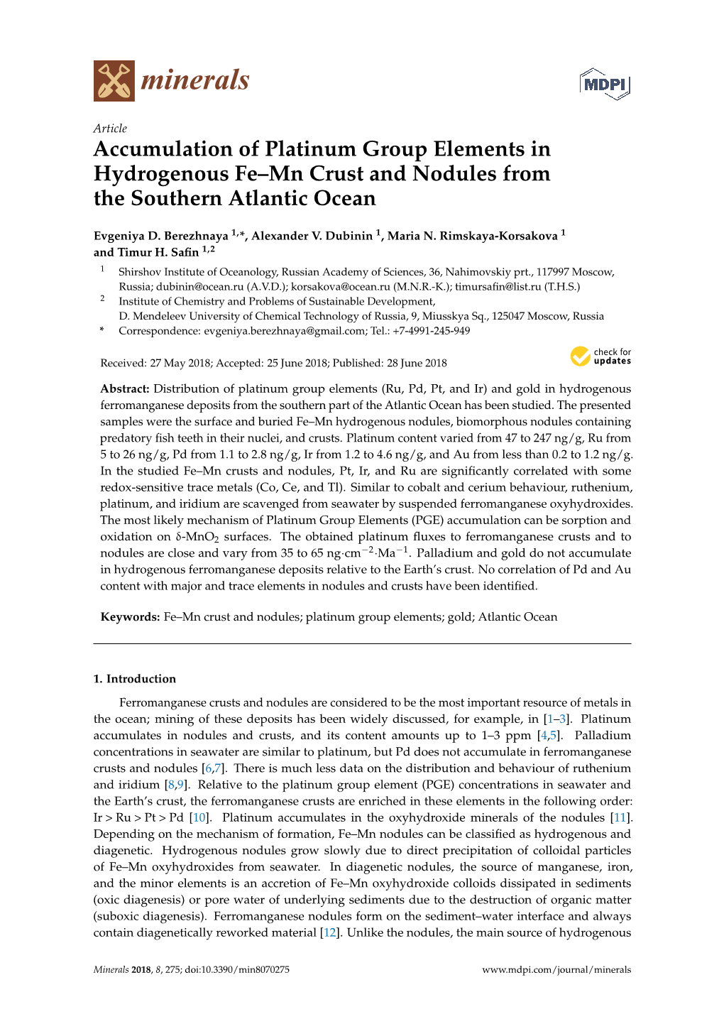 Accumulation of Platinum Group Elements in Hydrogenous Fe–Mn Crust and Nodules from the Southern Atlantic Ocean