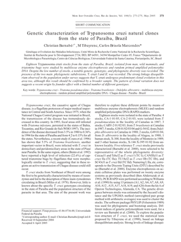 Genetic Characterization of Trypanosoma Cruzi Natural Clones from the State of Paraíba, Brazil Christian Barnabé/+, M Tibayrenc, Carlos Brisola Marcondes*