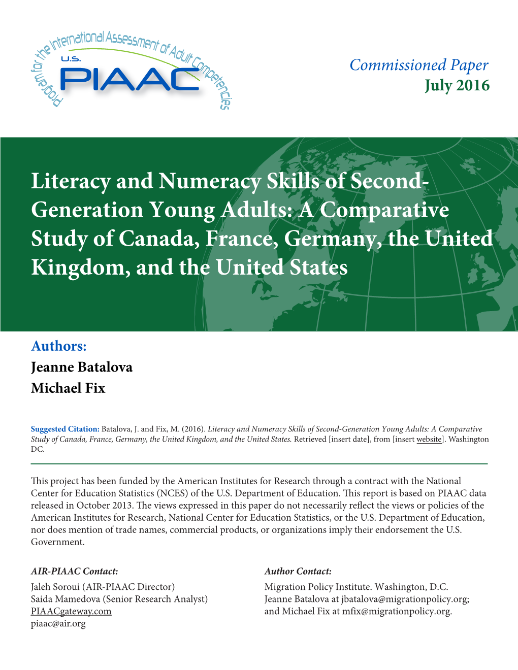 Literacy and Numeracy Skills of Second- Generation Young Adults: a Comparative Study of Canada, France, Germany, the United Kingdom, and the United States