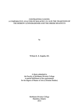 A Comparative Analysis of Malachi 2:10-16 in the Traditions of the Hebrew Leningradensis and the Greek Sinaiticus