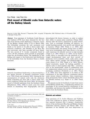 First Record of Lithodid Crabs from Antarctic Waters Off the Balleny Islands