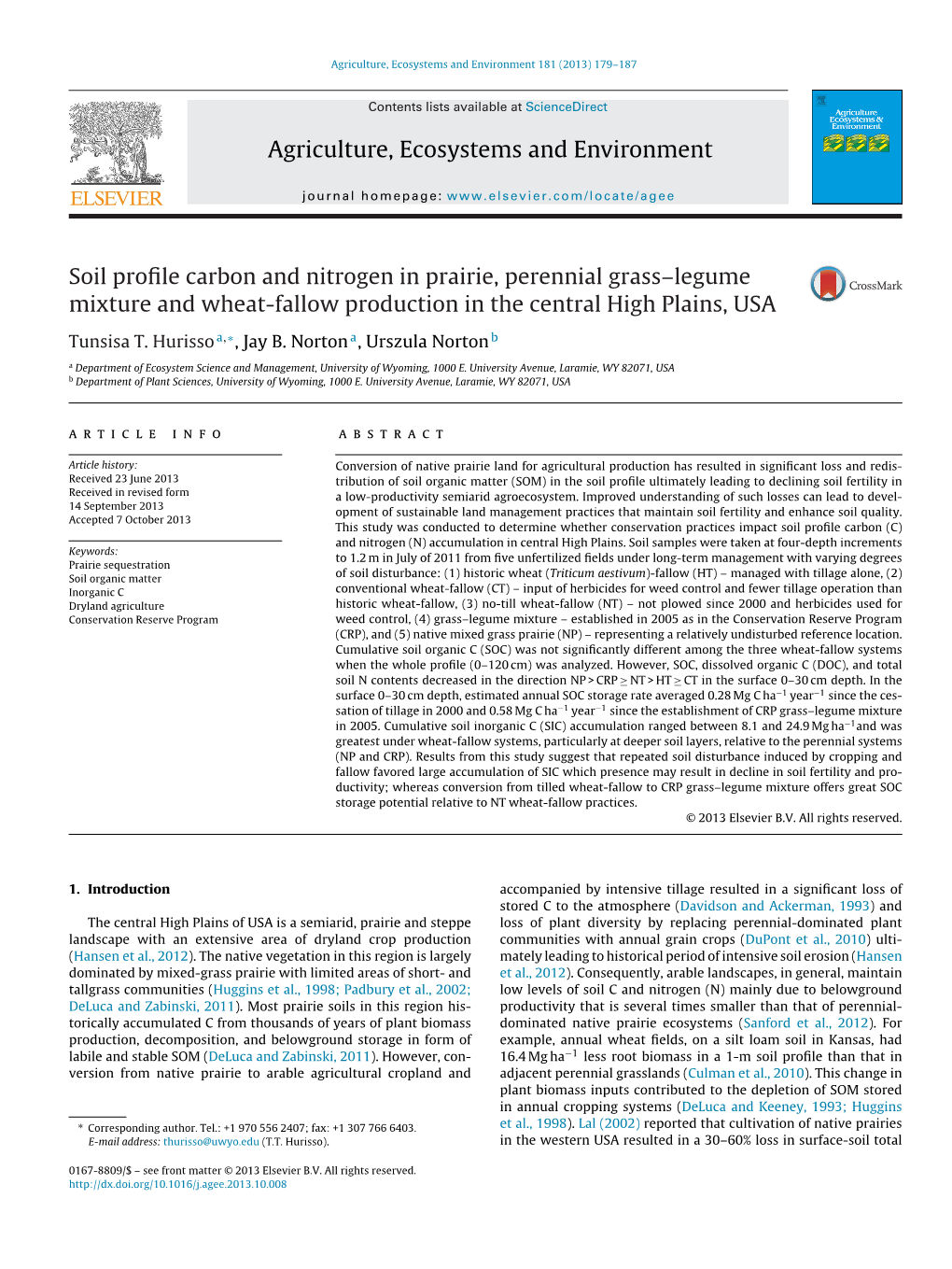 Soil Profile Carbon and Nitrogen in Prairie, Perennial Grass–Legume