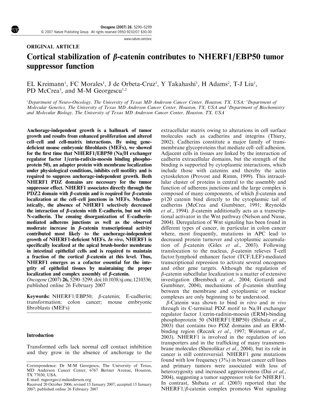 Cortical Stabilization of B-Catenin Contributes to NHERF1/EBP50 Tumor Suppressor Function