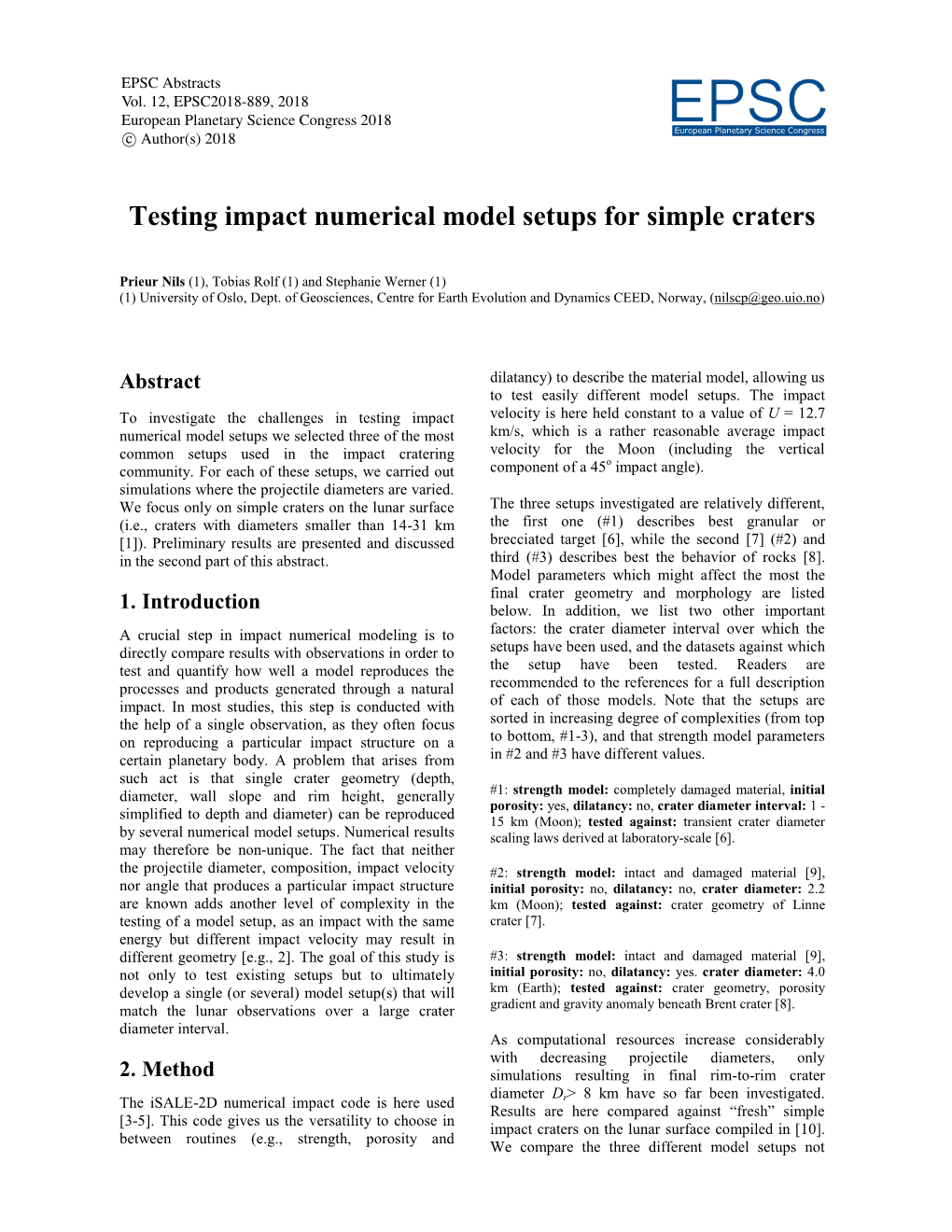 Testing Impact Numerical Model Setups for Simple Craters
