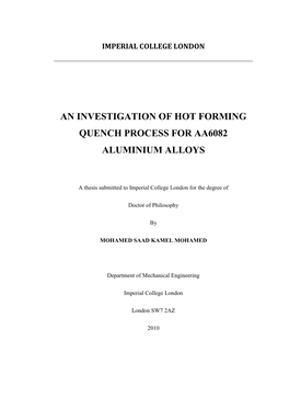 An Investigation of Hot Forming Quench Process for Aa6082 Aluminium Alloys