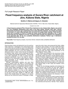 Flood Frequency Analysis of Gurara River Catchment at Jere, Kaduna State, Nigeria