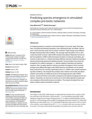 Predicting Species Emergence in Simulated Complex Pre-Biotic Networks