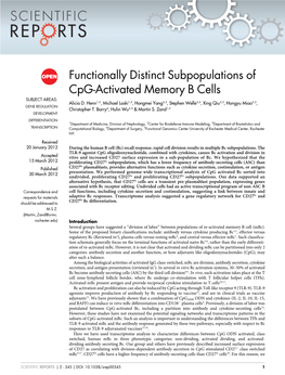 Functionally Distinct Subpopulations of Cpg-Activated Memory B Cells SUBJECT AREAS: Alicia D