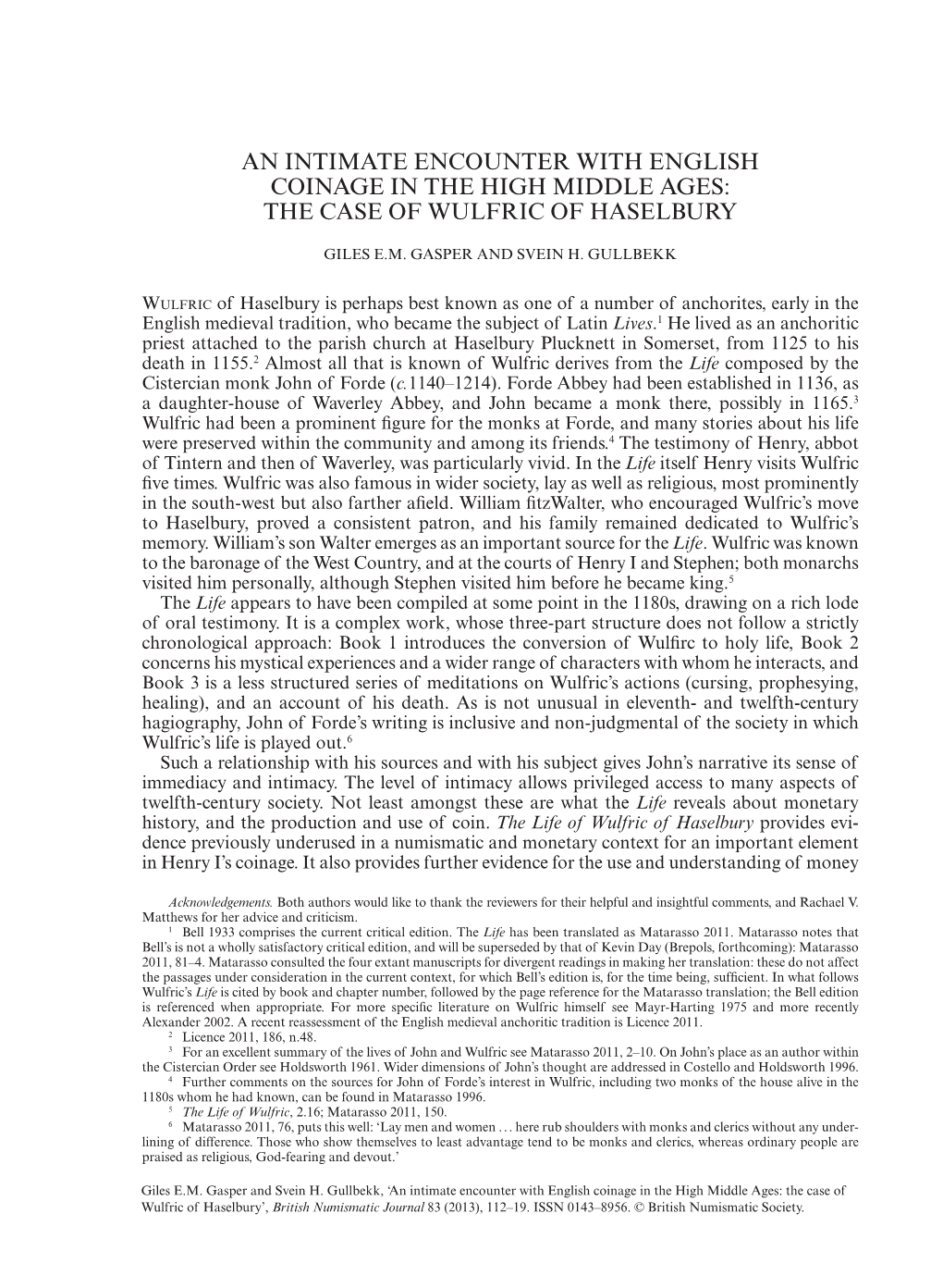An Intimate Encounter with English Coinage in the High Middle Ages: the Case of Wulfric of Haselbury