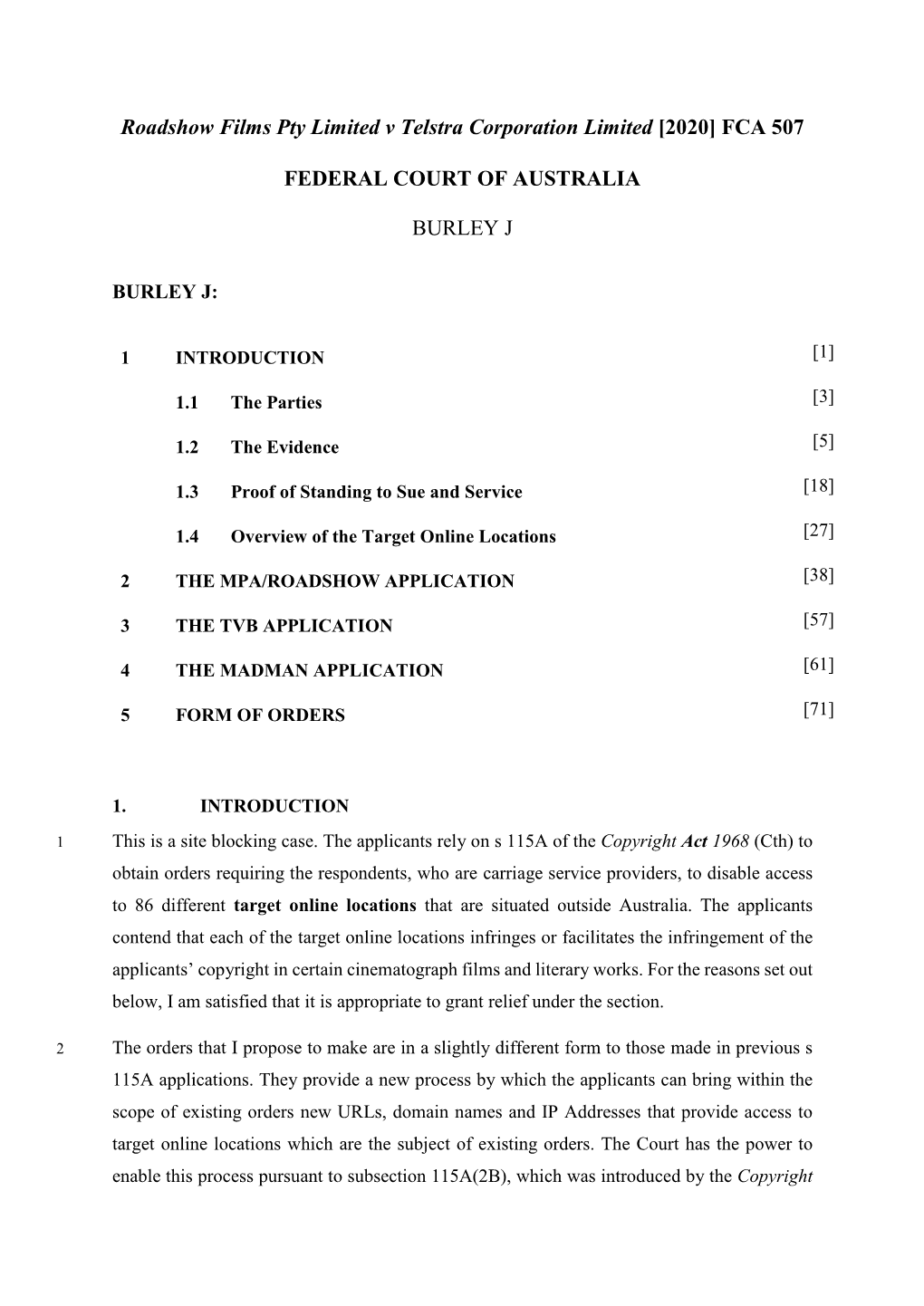 Roadshow Films Pty Limited V Telstra Corporation Limited [2020] FCA 507